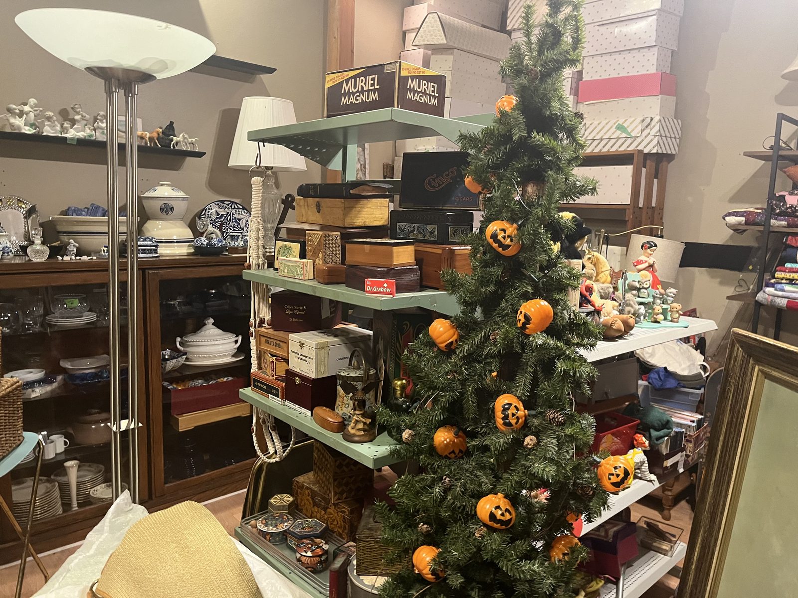 Shelves of vintage cigar boxes and wooden boxes beside a small tree hung with jack-o'-lantern ornaments, blue and white china in the cabinet behind